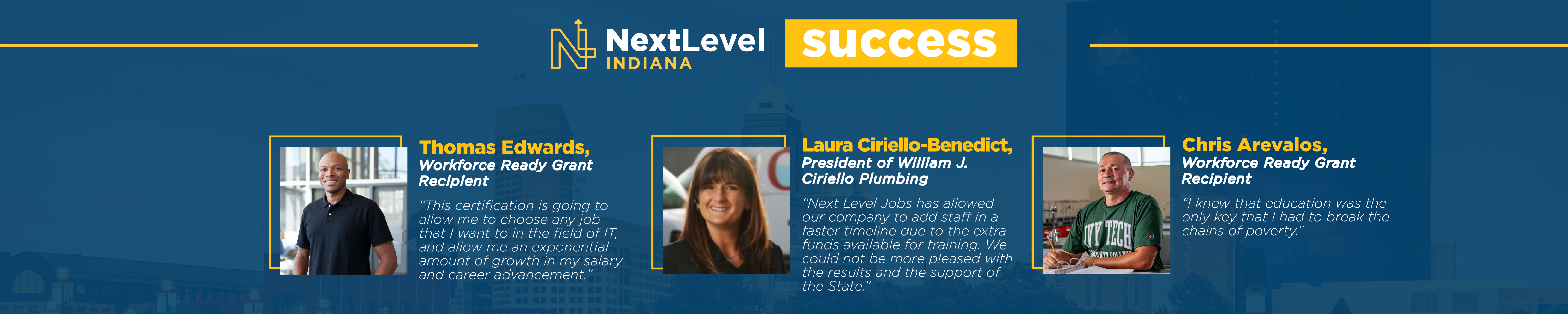 Next Level Indiana Success graphic. Image contains brief quotes from three people helped by Next Level Jobs; Thomas Edwards a WRG recipient, Laura Ciriello-Benedict a business owner, and Chris Arevalos a WRG recipient.